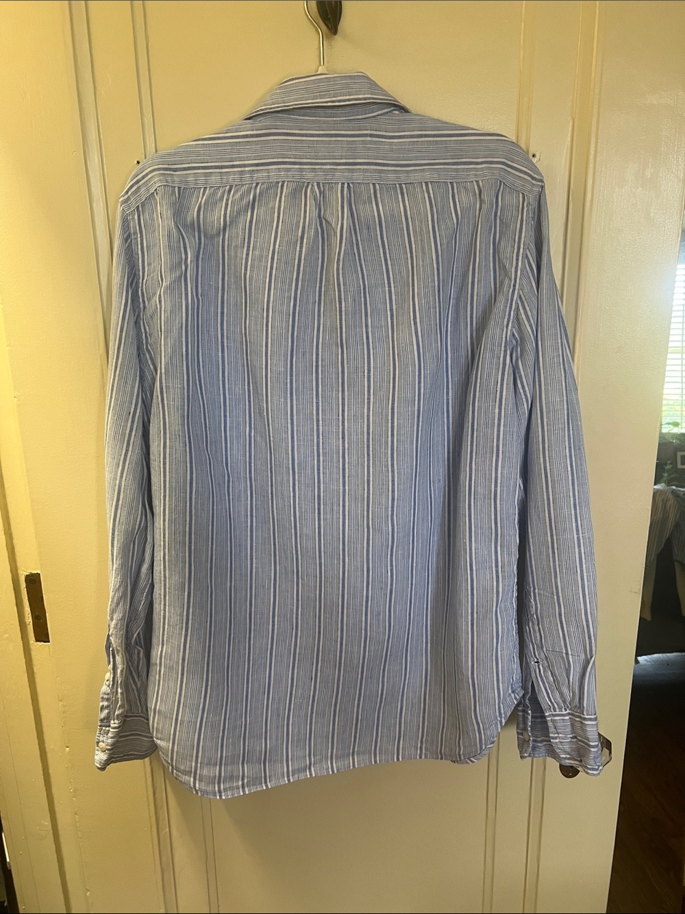 JCrew Irish Linen Blue and White Striped Long-Sleeve Button down Shirt - Picture 4 of 7